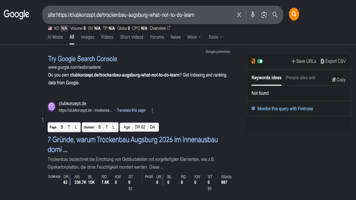 Live Google Search indexation proof of editorial guest post placement