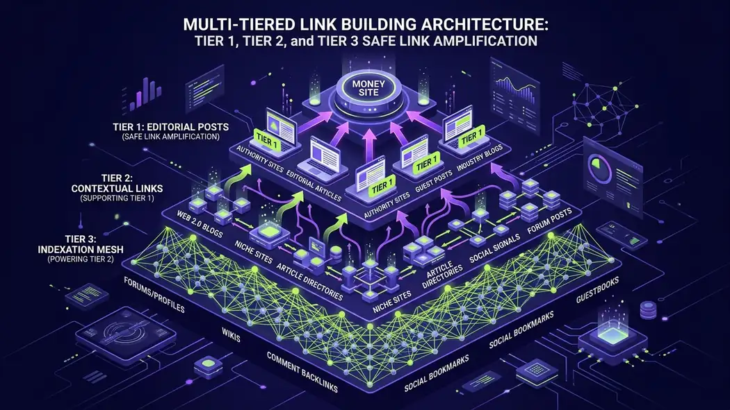 3-tier link building architecture diagram showing safe PageRank amplification
