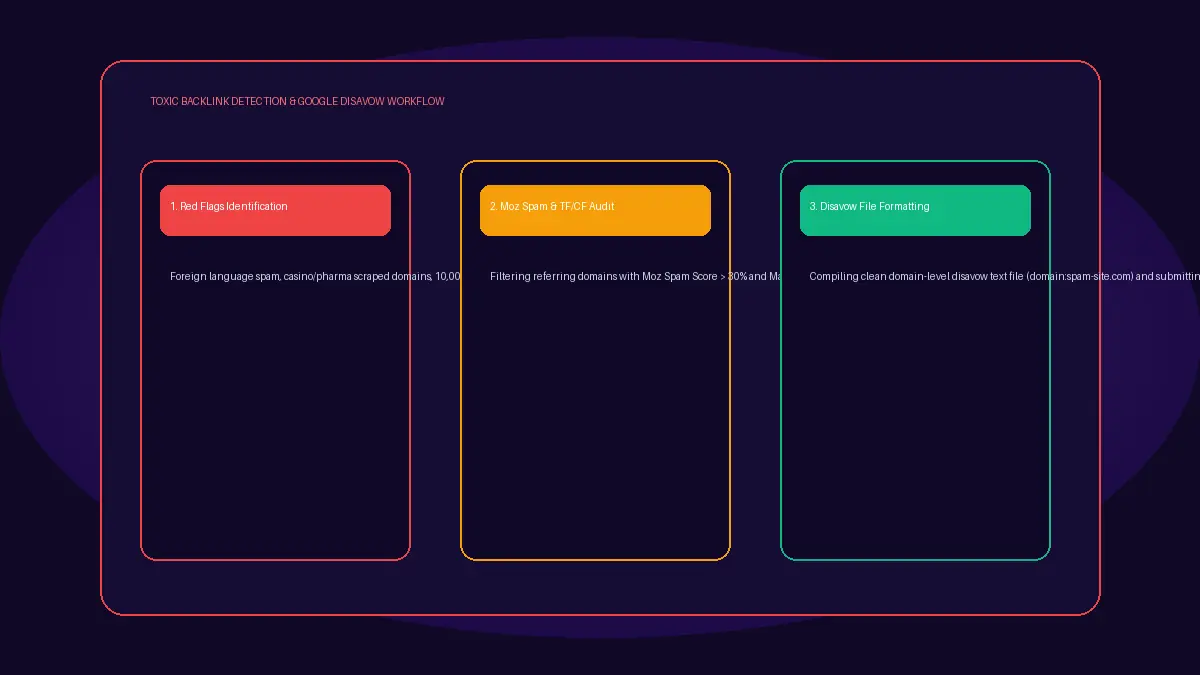 Toxic backlink detection and Google disavow workflow diagram