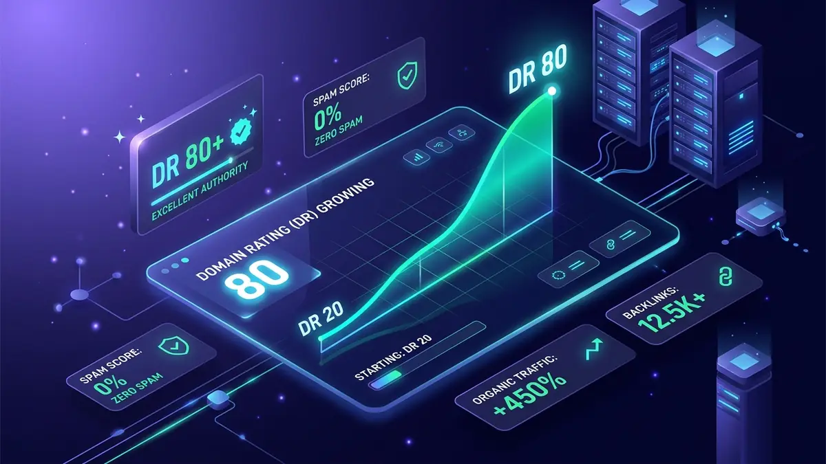 Ahrefs Domain Rating Growth from DR 20 to DR 80 holographic dashboard illustration
