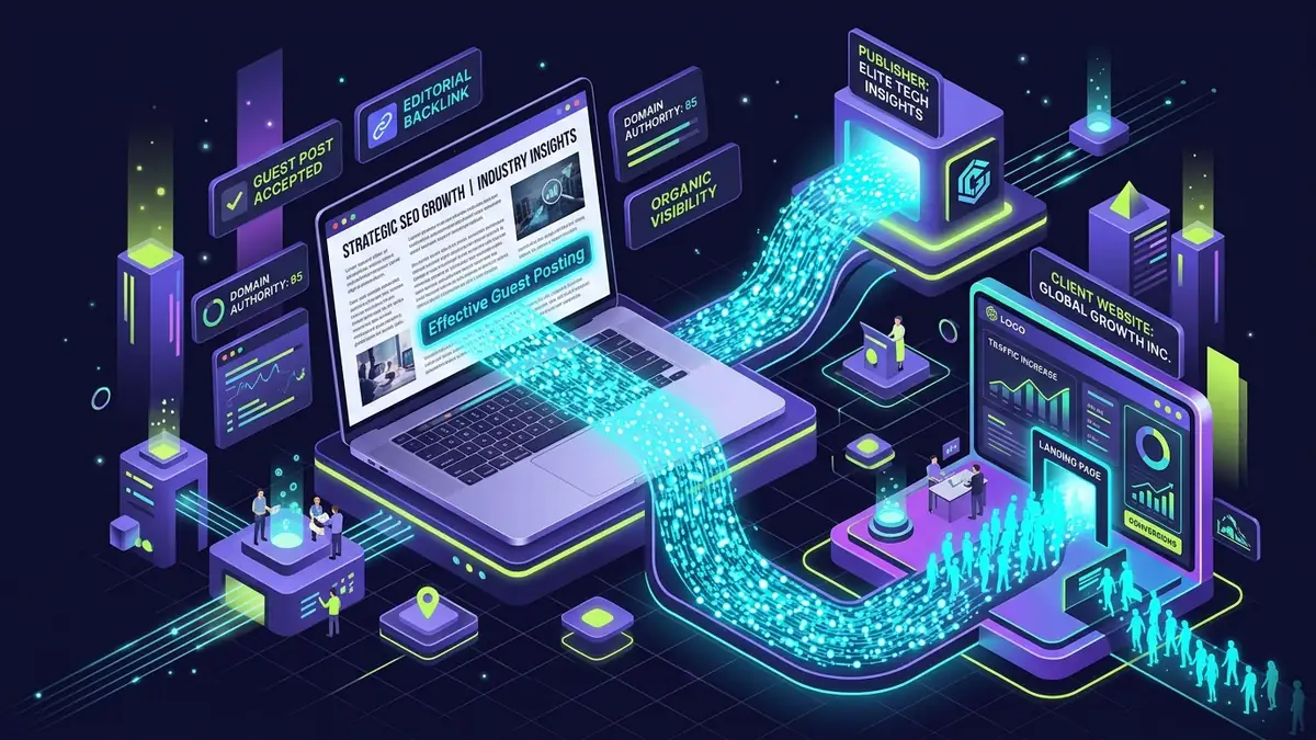 High-traffic guest posting editorial outreach laptop with organic visitor stream